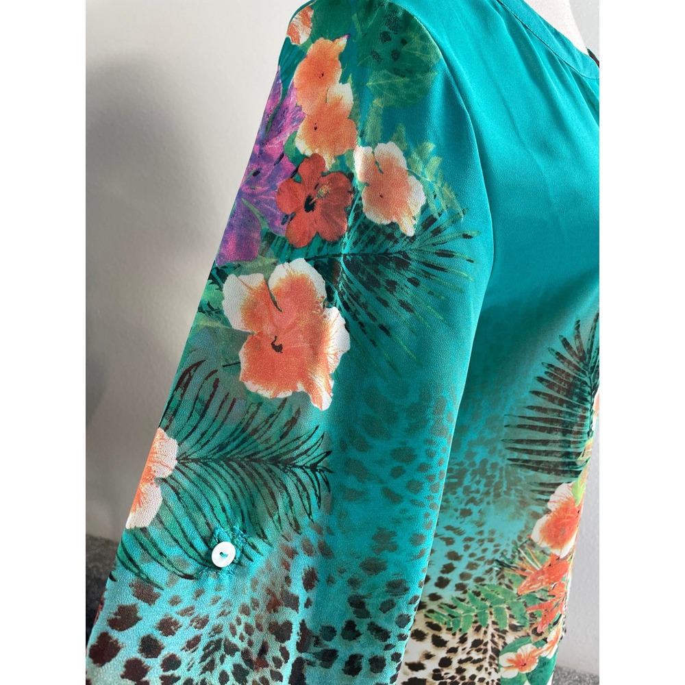 Soft Surroundings Womens Medium Teal Blue Silk Blend Split Neck Tunic Blouse Top - Picture 7 of 9